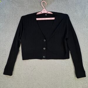 Black Ribbed Cropped Button Cardigan Sweater Women’s FITSLIKE: Small
